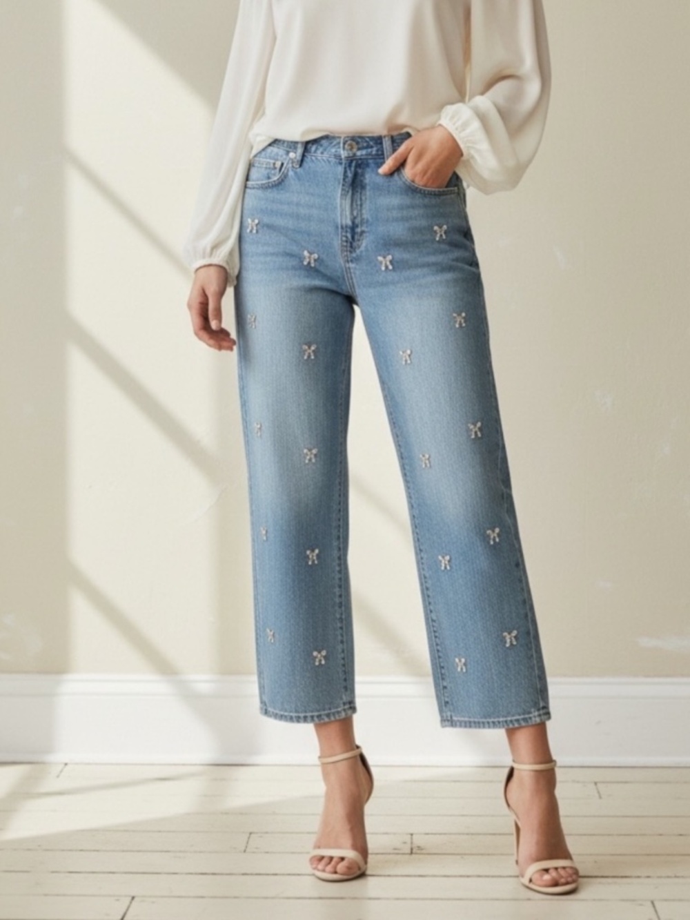 🎀🎀🎀Oat New York Jeans Wide Leg BOW EMBELLISHED Blue Denim Jean Size 10 or 30